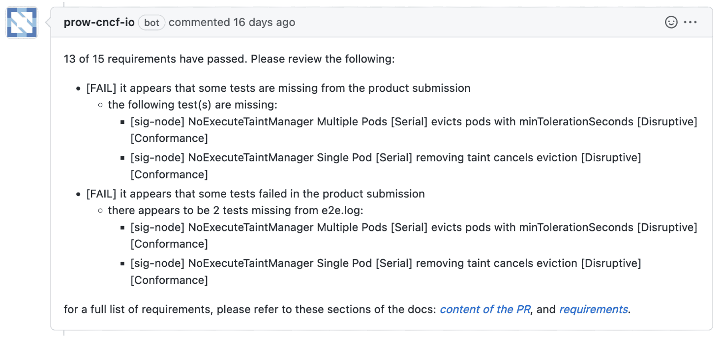Screenshot showing prow-cncf-io commented 13 of 15 requirements have passed, 2 fails items need to be reviewed