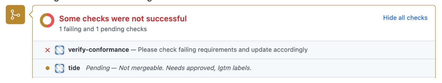 Screenshot showing some checks were not successful (1 filing and 1 pending checks)